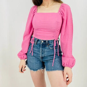 Revolve Sophie Rue Ruched Longsleeve Cropped Top in Barbie Pink Size S